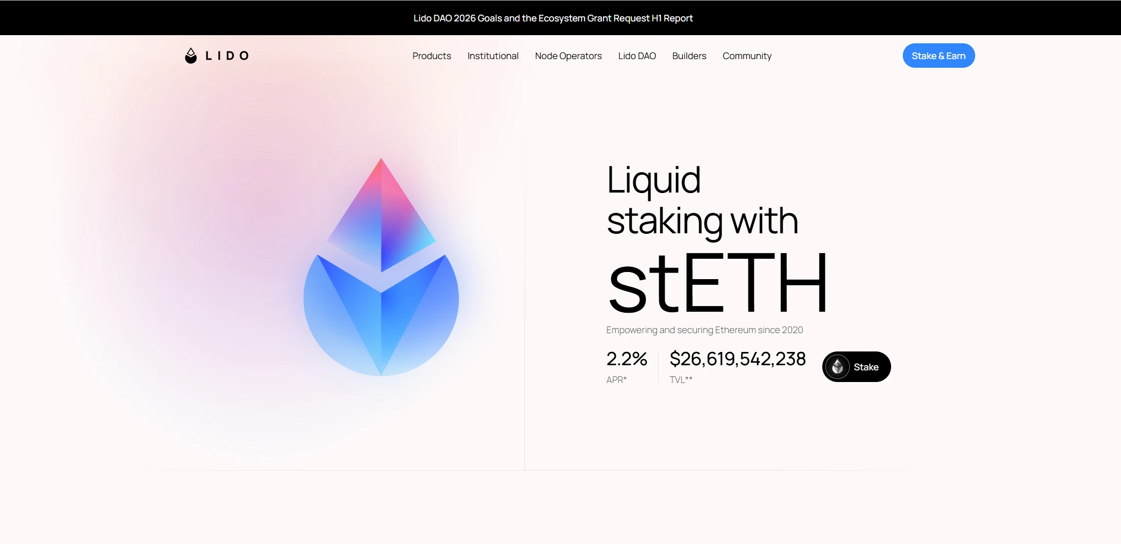 A Lido főoldala a stake.lido.fi címen, piros kerettel kiemelve a Connect Wallet gomb, középen a Lido APR érték