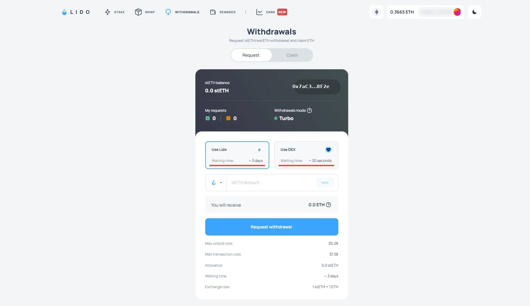 A Lido Withdrawals füle a Request withdrawal űrlappal, kiemelve a várható várakozási időt